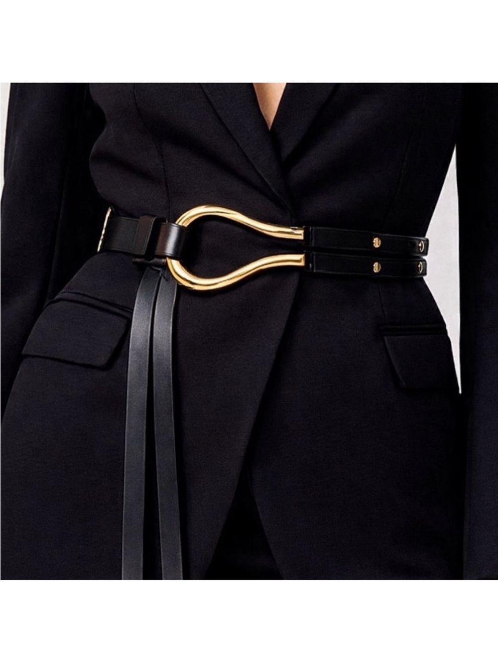 Women's Black Leather Double-Strap Belt with Gold Sculpted Loop Buckle